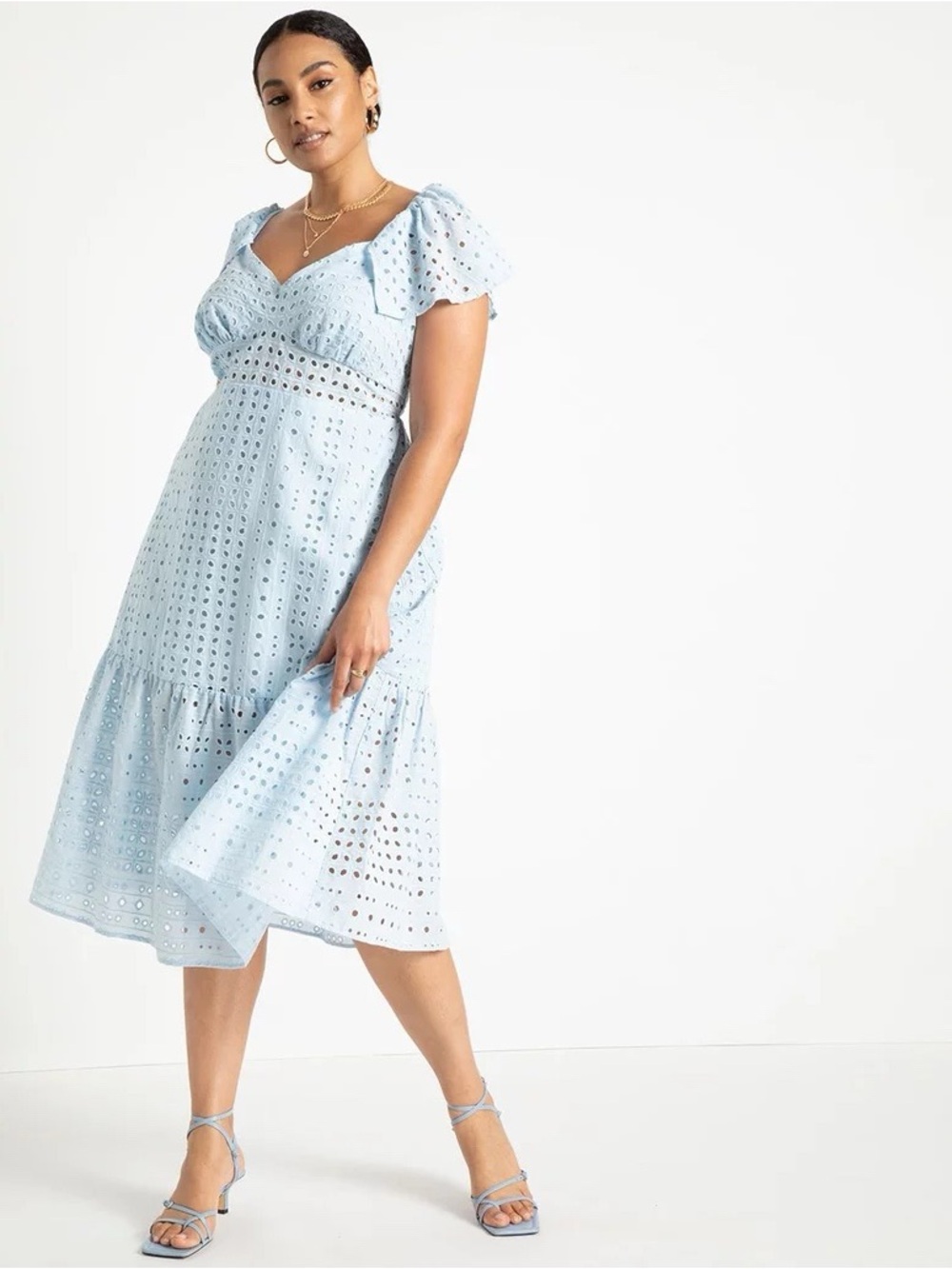 Eloquii Women’s Midi Dress Plus Size 18 Baby Blue Lace Ruffle Tie Back Coastal